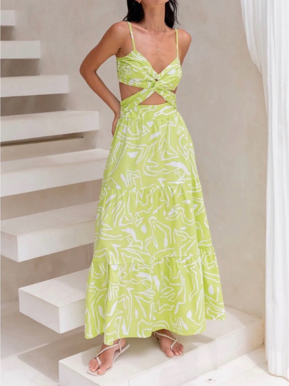 Twist-Front Lime Green Maxi Dress with Abstract Print